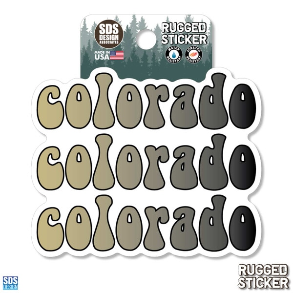 Rugged sticker featuring the word "Colorado" repeated three times in retro bubble letters with a gradient from gold to black.